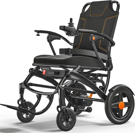 Lightweight foldable electric wheelchair, 18+ mile range, side view.