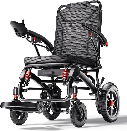 Ultra lightweight foldable electric wheelchair, 25-mile range, front view.