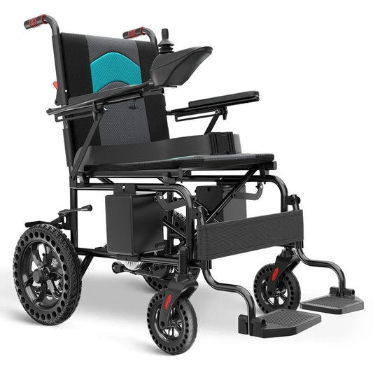 Lightweight all-terrain power chair, 15-mile range, red finish, front view. Image 1 of 6.