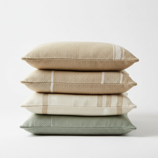 Set of 4 Nordic linen cushion covers in neutral tones on white background