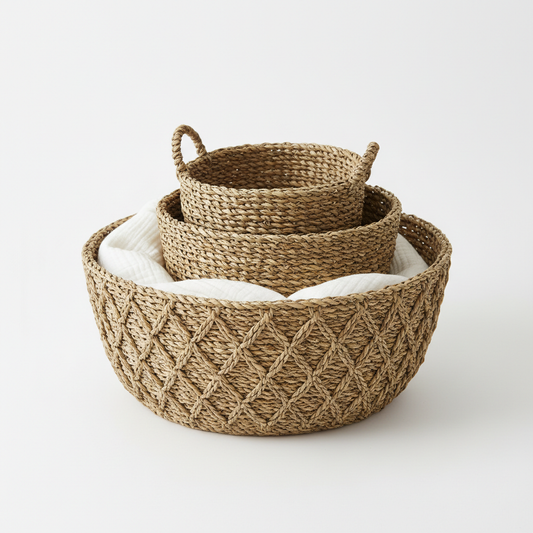 Set of 3 woven seagrass storage baskets on white background